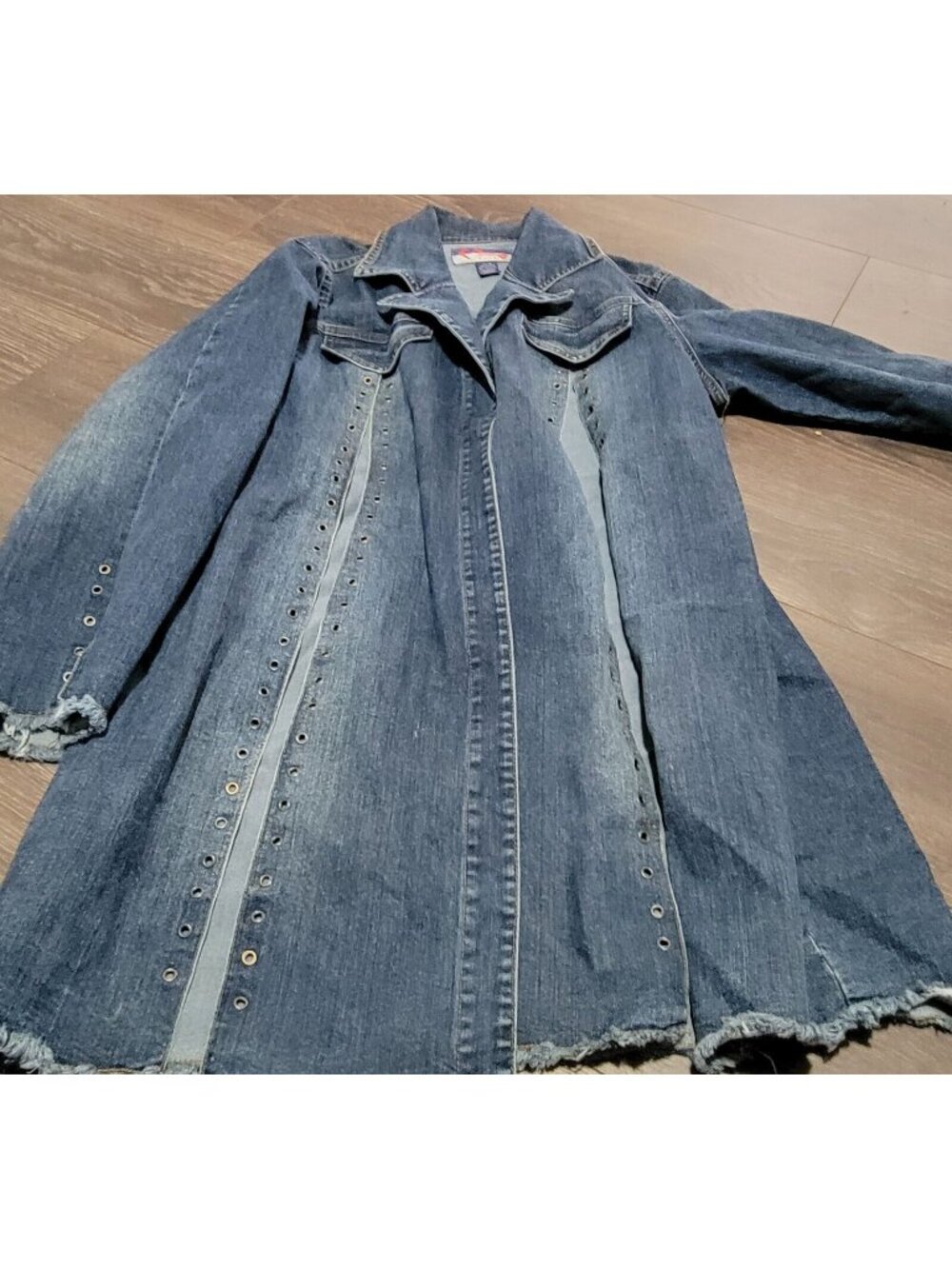 SWAK Denim Blue Jean Open Front Lace up Accent Jacket Size 18 Fringed Hems Vtg